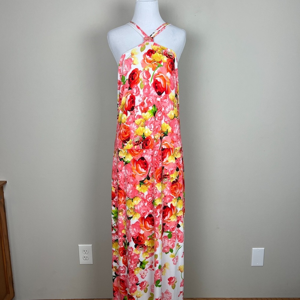 Cache Maxi Dress Womens‎ XL Multicolor Floral Halter Stretch Feminine Strappy